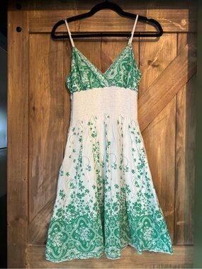 Shasa White Dress with Green Floral Trim